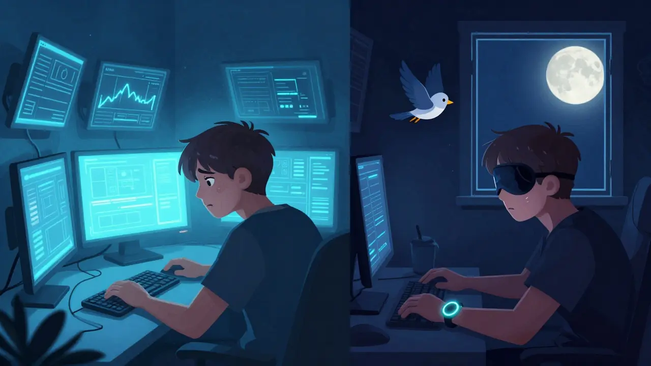 Сравнение: один игрок работает за экранами в синем свете, другой спит в темноте с трекером сна — восстановление против перегрузки.