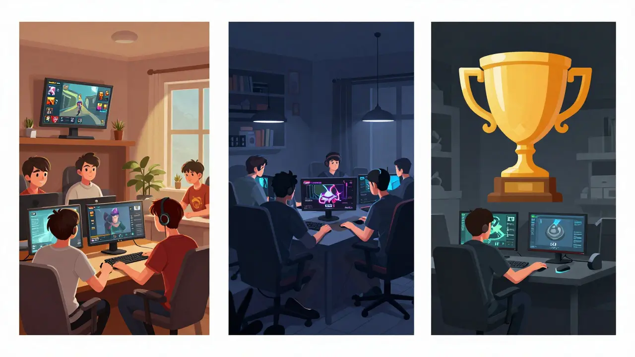 Три сцены: игроки LoL с фанатами, CS:GO в комнате и Dota 2 в темноте — показывают разные последствия пандемии.