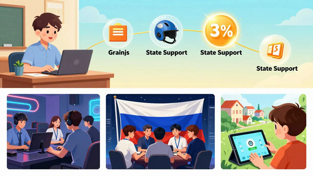 Три сцены: студент изучает киберспорт, команда выступает за Россию, ребёнок учится в школе — всё связано государственной поддержкой.