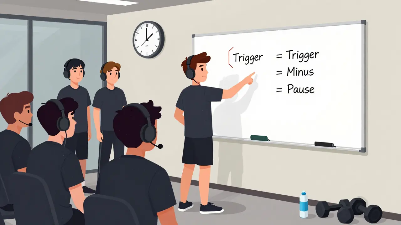 Юный игрок на тренировке с командой, у доски с кодами командной коммуникации, рядом — спортивные предметы.