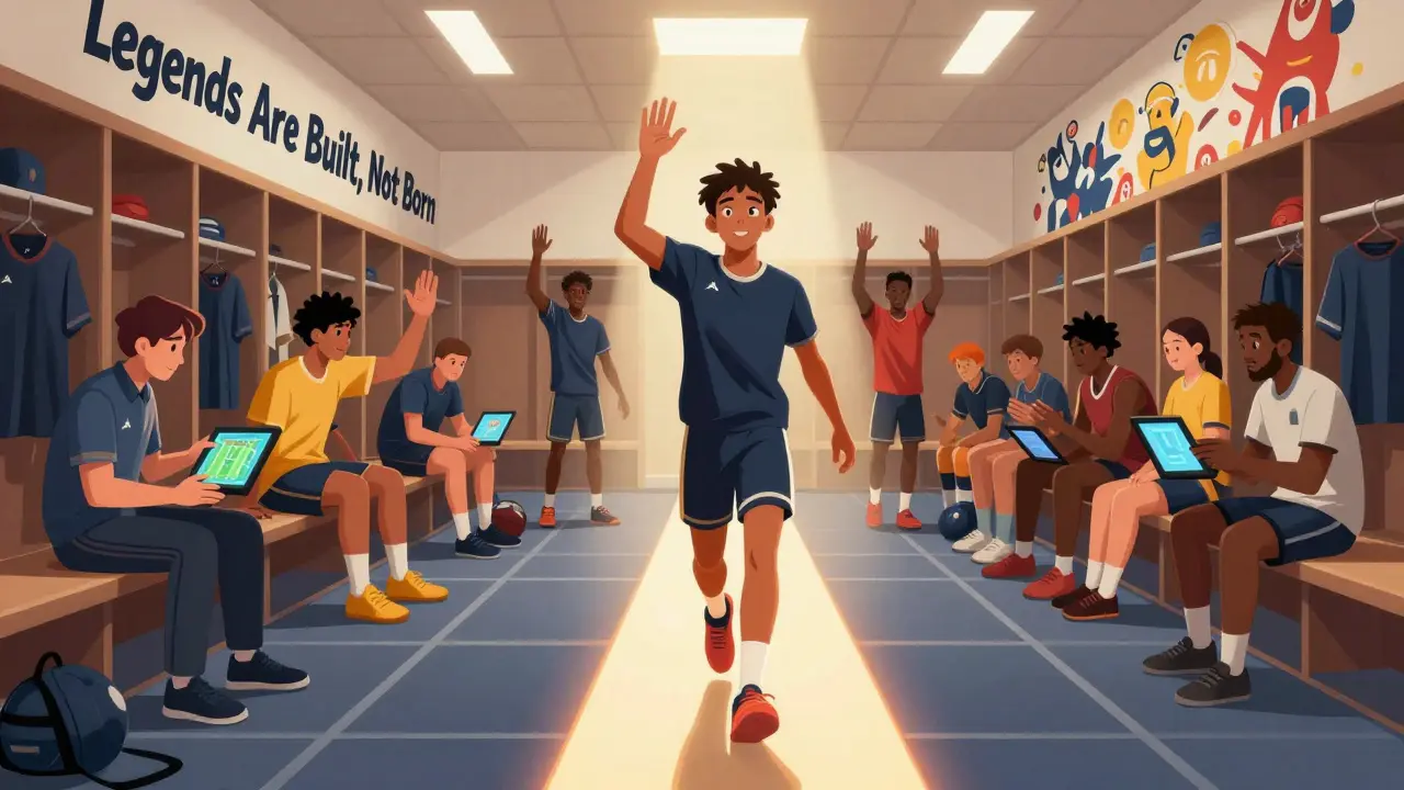 Юный игрок переходит от одиночной игры к команде, где команда отмечает успехи, а на стене — надпись о легендах.