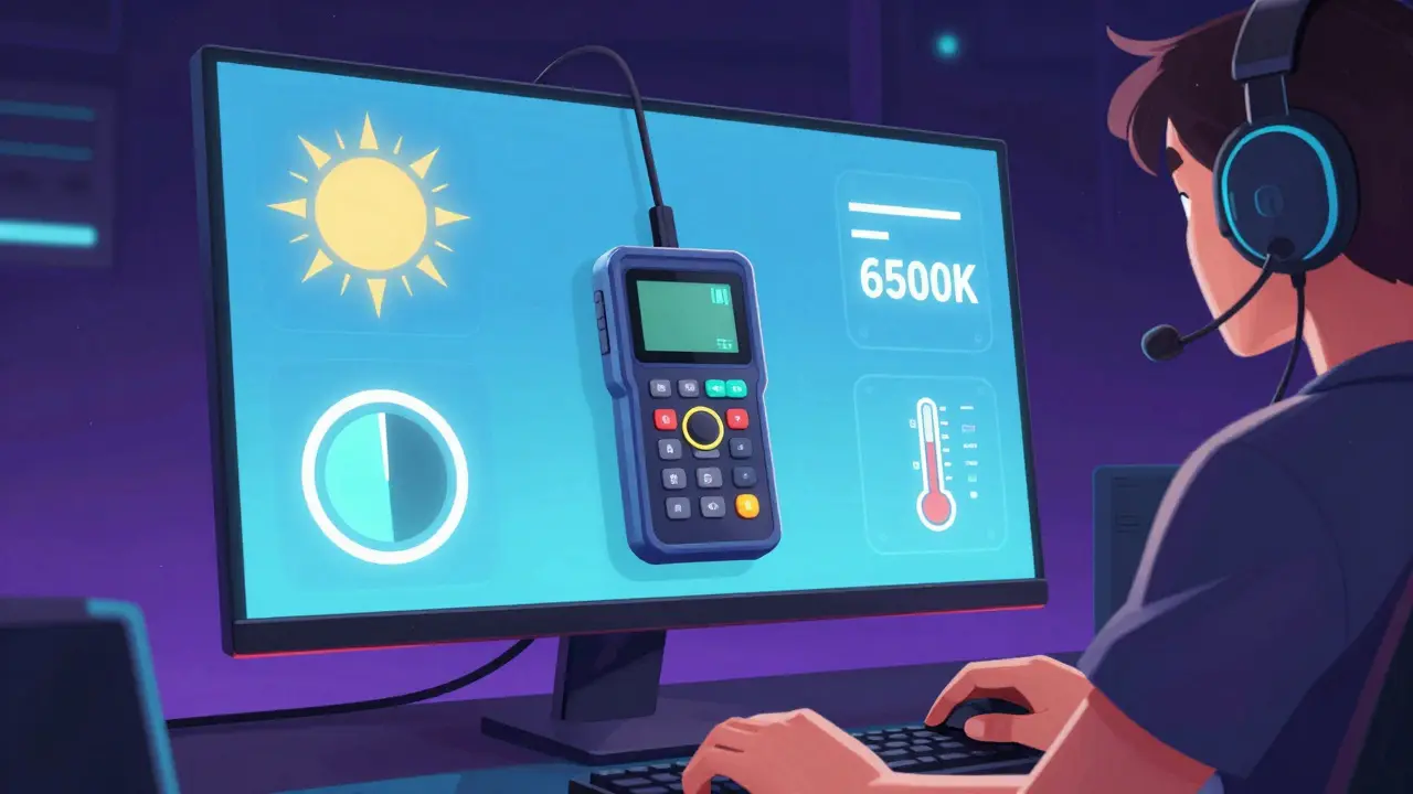 Аппаратный калибратор на экране монитора с иконками настроек цвета и яркости