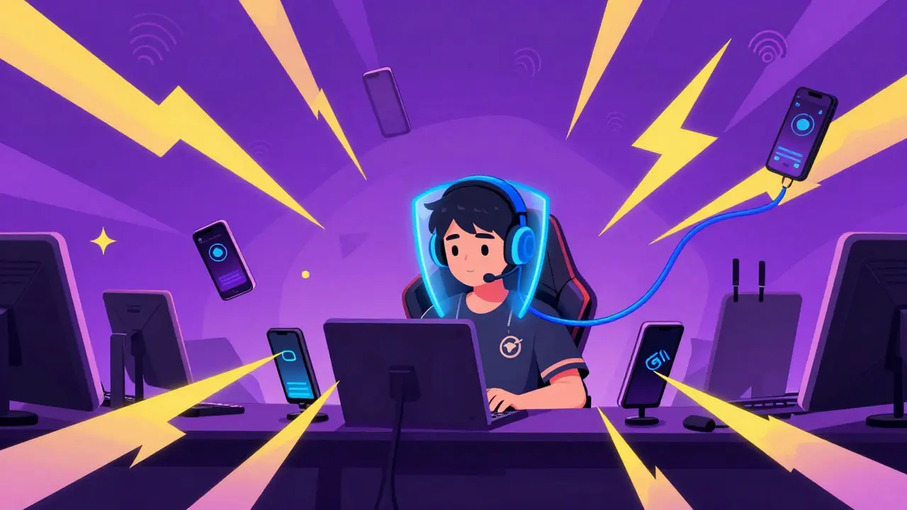 Игрок на турнире в окружении радиопомех, защищенный проводным подключением