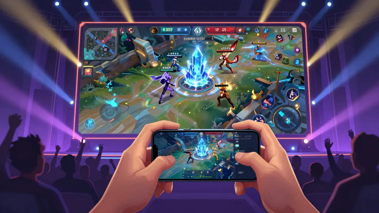 Киберспортсмен играет в Arena of Valor на смартфоне перед огромным экраном стадиона.