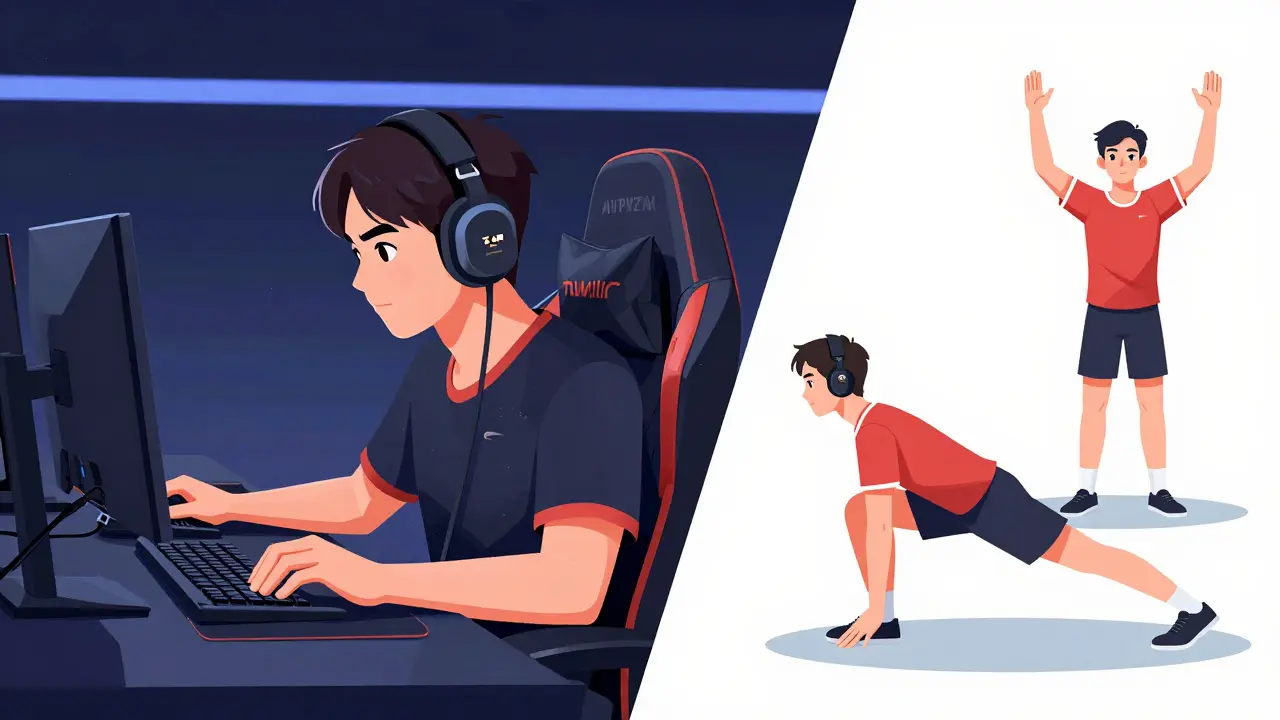 Киберспортсмен, совмещающий тренировки за компьютером и физические упражнения