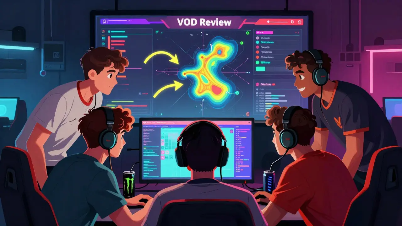 Команда игроков анализирует запись матча во время интенсивного буткемпа