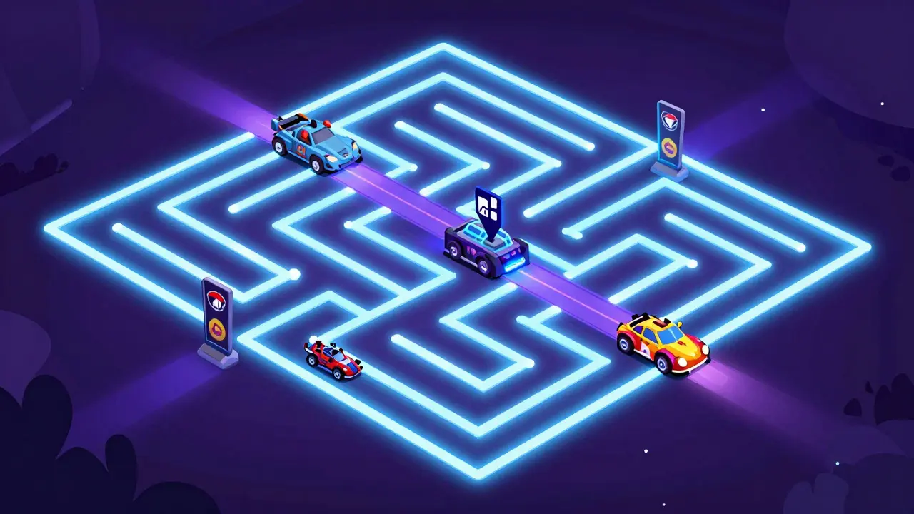 Концептуальный лабиринт из неоновых линий, по которому едут машины к чемпионству.