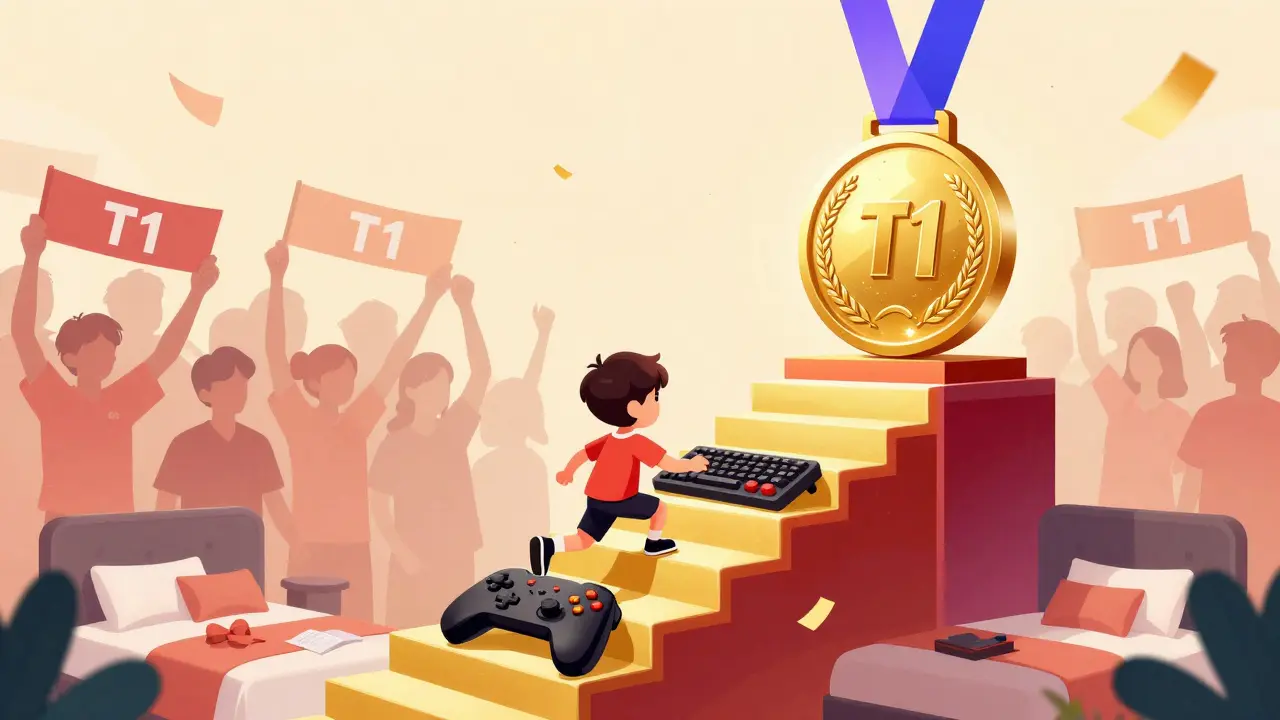 Концептуальный рисунок геймера, поднимающегося по золотой лестнице к успеху и признанию