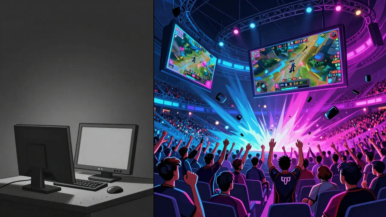 Контраст между старым компьютерным клубом и современным киберспортивным стадионом