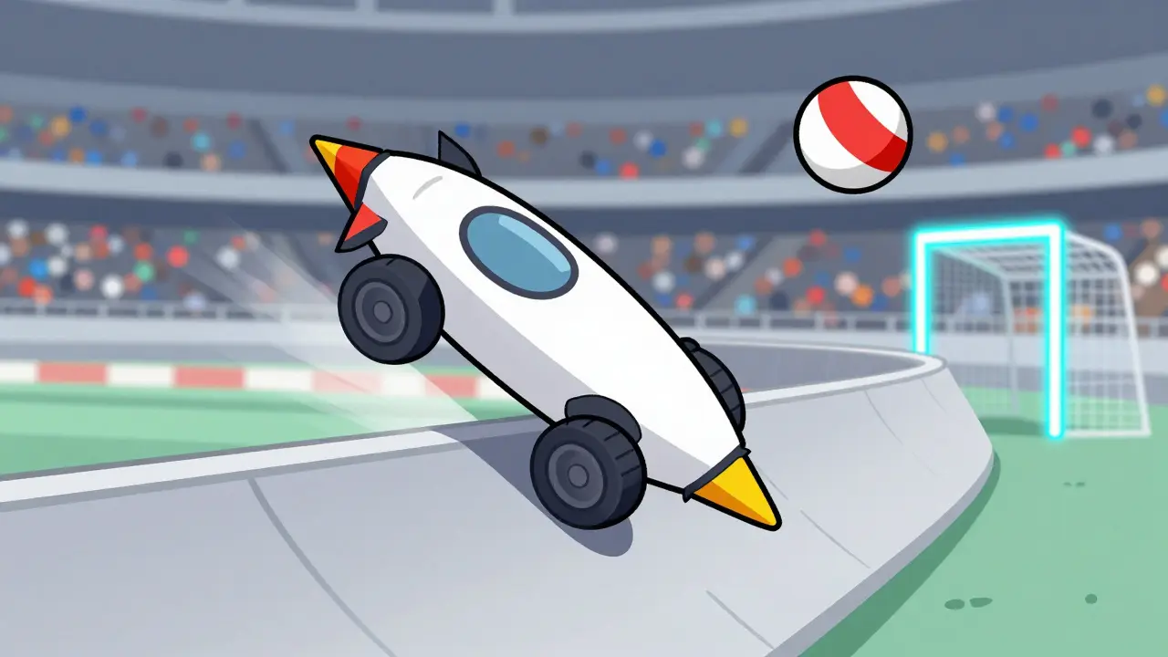 Машина в стиле комиксов едет по стене стадиона, чтобы перехватить мяч