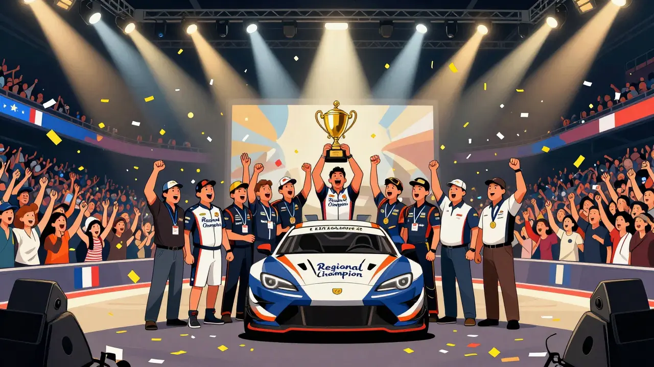 Побеждающая команда с кубком на киберспортивной арене в Лионе в праздничной атмосфере.