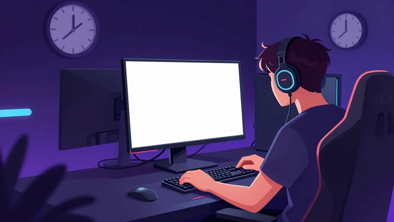 Подготовленное рабочее место геймера в темной комнате перед настройкой монитора