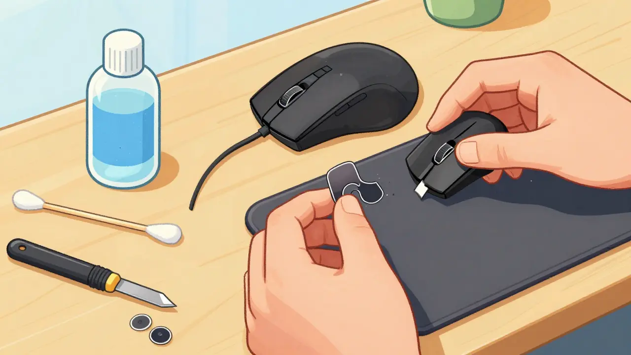 Процесс замены глайдов на игровой мыши с использованием инструментов и спирта