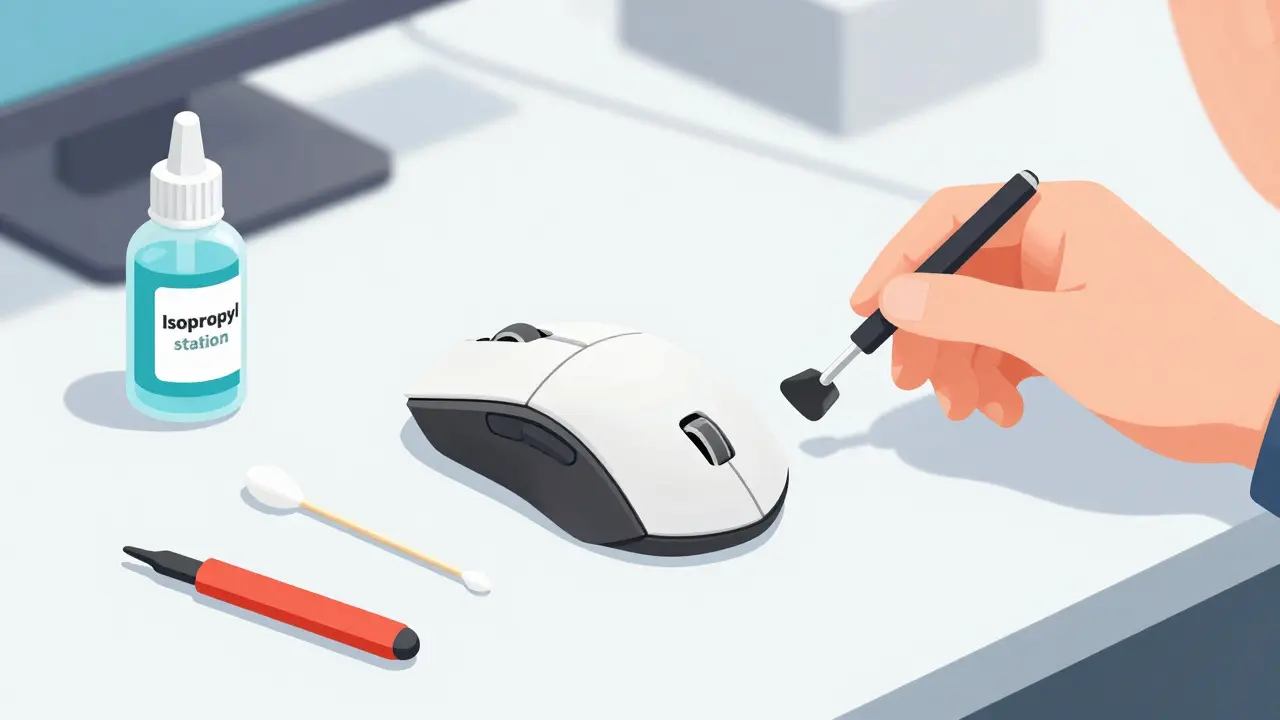 Процесс замены глайдов на игровой мыши с использованием спирта и инструментов