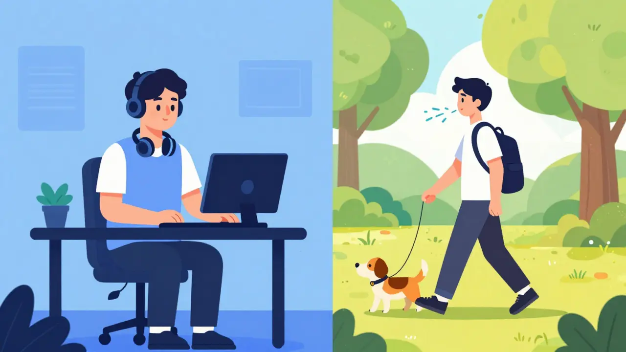 Разделенный экран: сосредоточенный геймер за столом и тот же человек на прогулке в солнечном парке