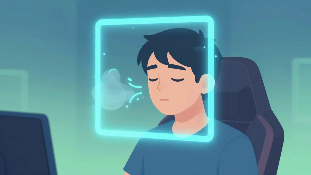 Спокойный игрок практикует дыхание по квадрату с неоновой схемой