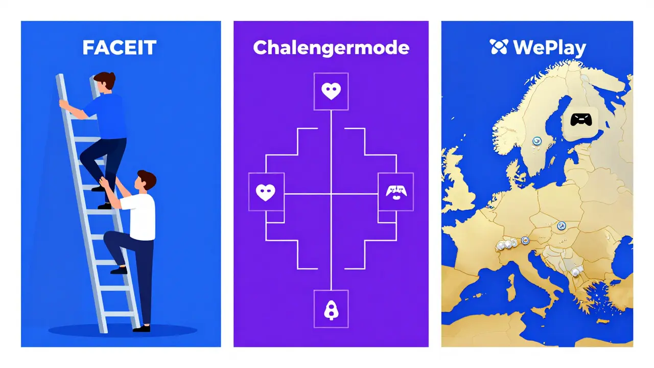Сравнение функций FACEIT, Challengermode и WePlay в виде иконок