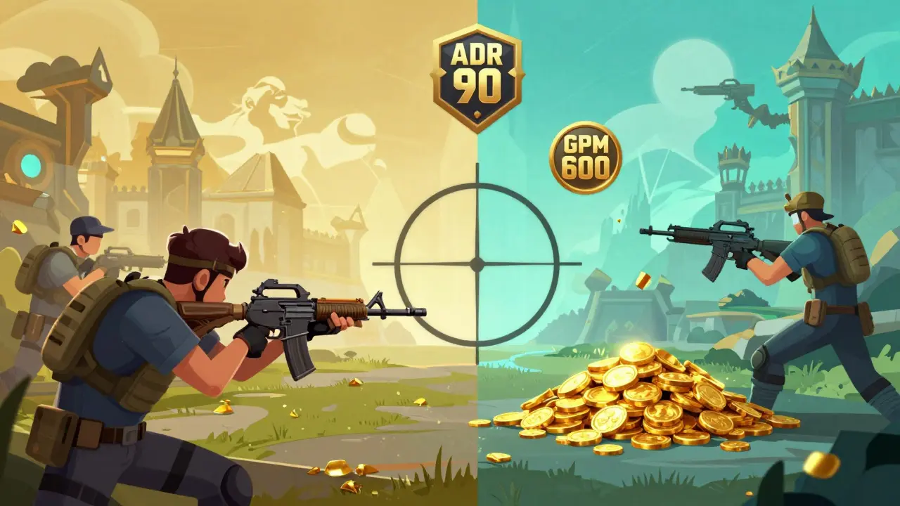 Сравнение метрик ADR в шутерах и GPM в MOBA в иллюстративном стиле