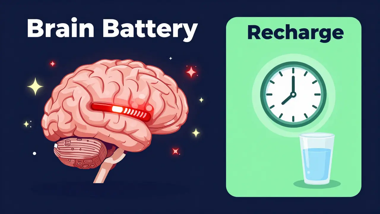 Стилизованный мозг с красным индикатором низкого заряда и символами восстановления энергии
