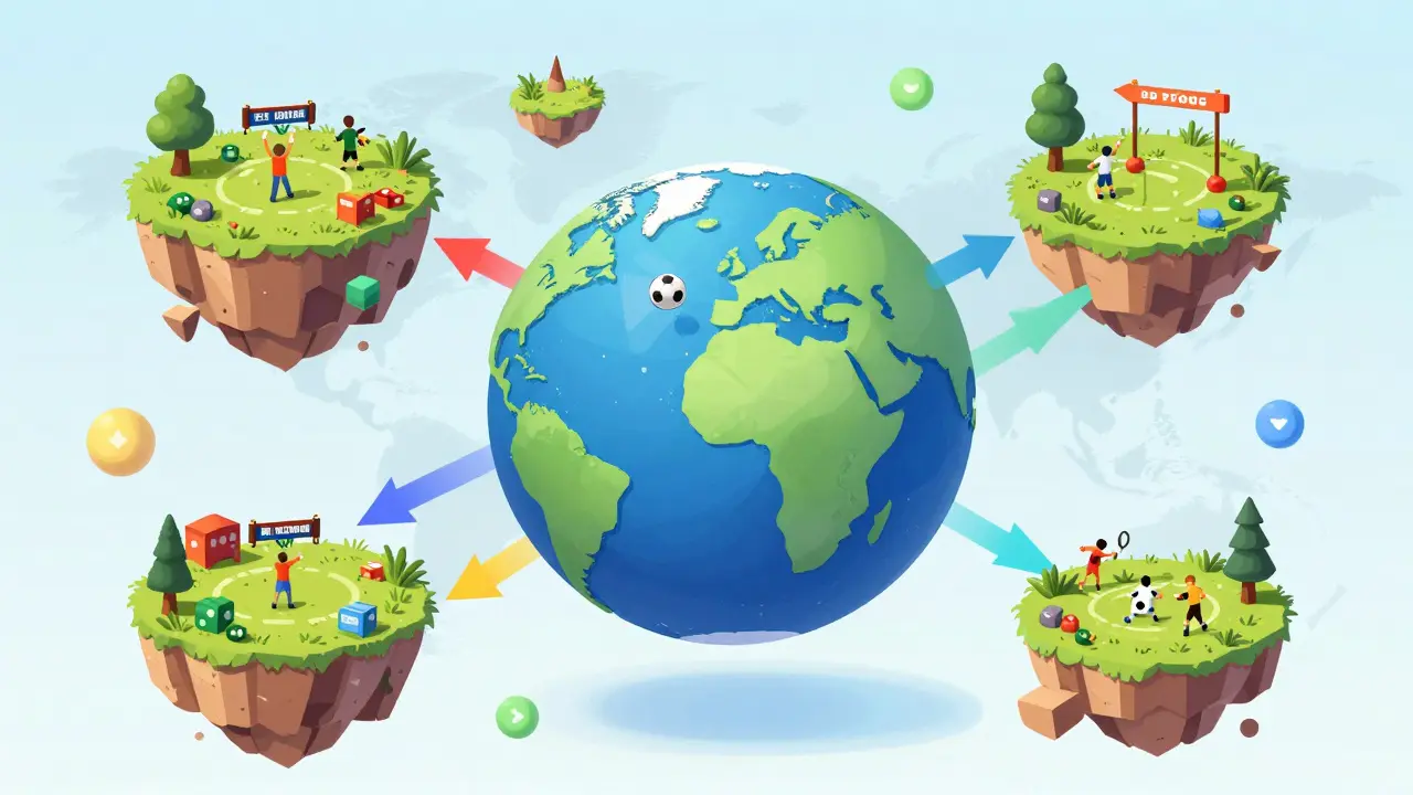 Стилизованный земной шар с разными игровыми режимами вокруг него, символизирующий экспансию.