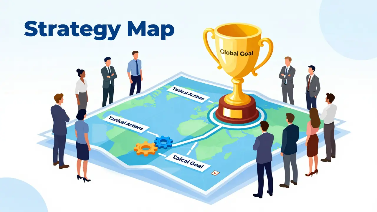 Визуальная карта стратегий, ведущая команду от тактических шагов к глобальной цели