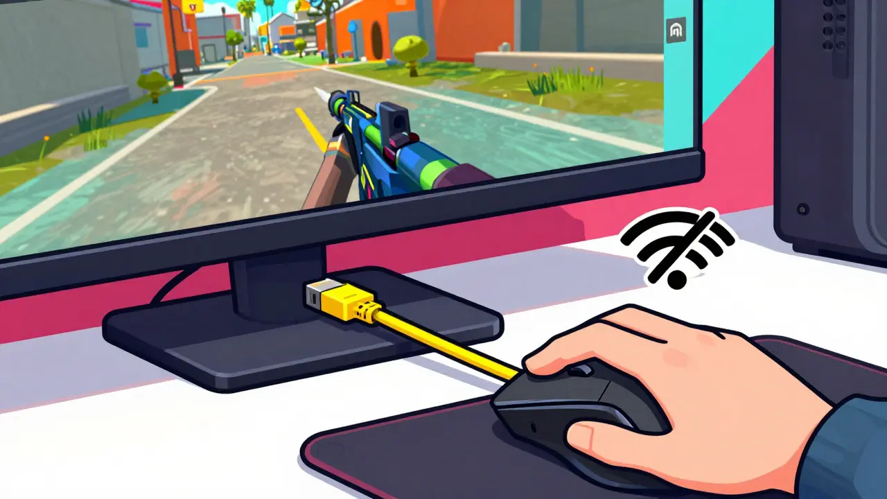 Крупный план игрового setups: мышь, клавиатура и проводное подключение Ethernet вместо Wi-Fi