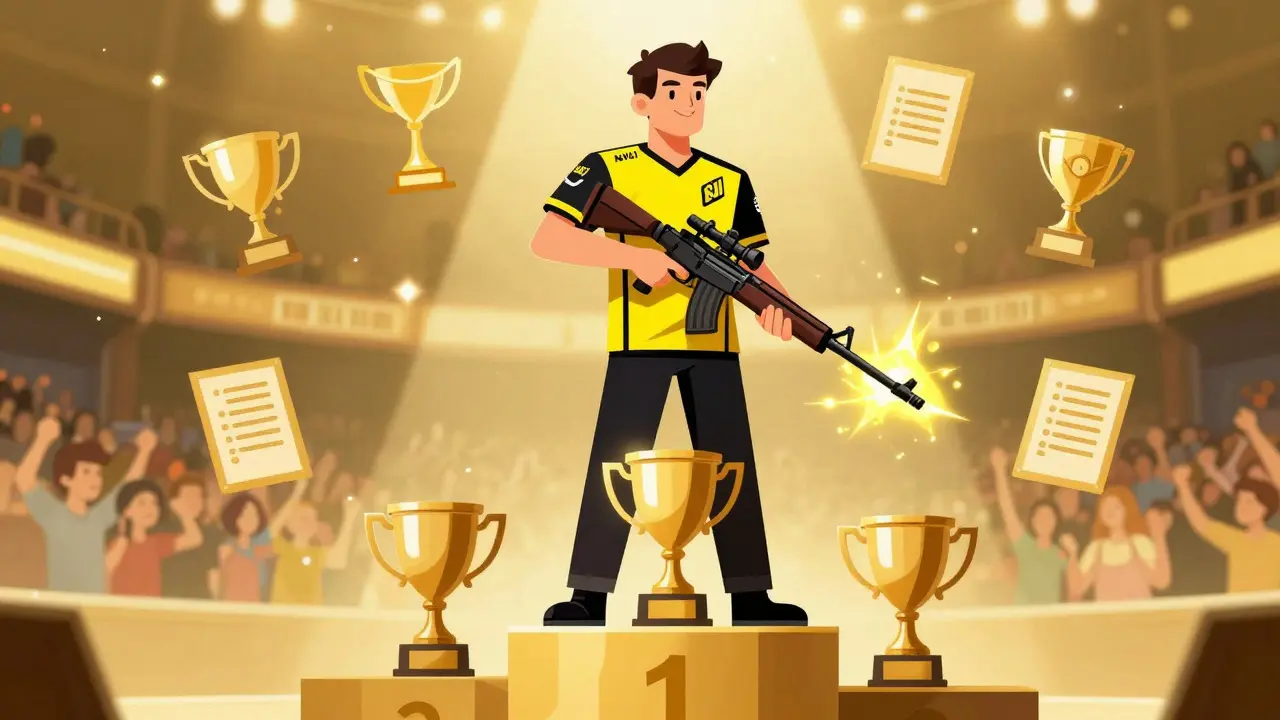 Игрок CS с винтовкой и золотыми трофеями на подиуме