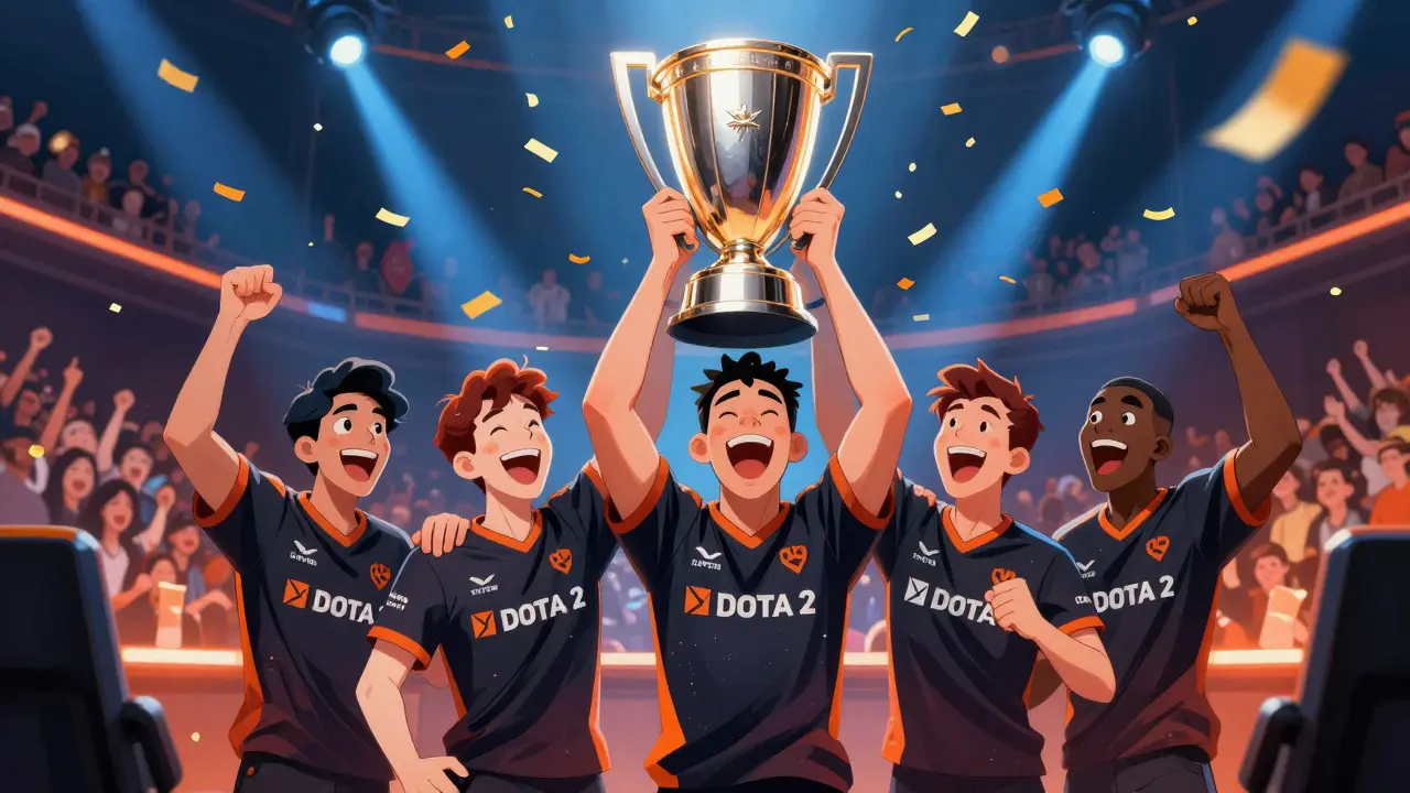Команда Team Liquid празднует победу с трофеем на арене