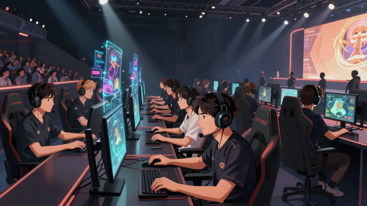 Профессиональные игроки за компьютерами на сцене LAN-финала