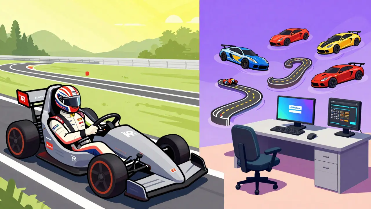 Сравнение платформ iRacing и Assetto Corsa в стиле комикса