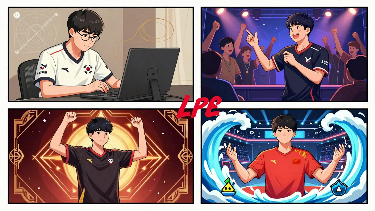 Четыре персонажа, представляющие разные стили игры в лигах LCK, LCS, LEC и LPL