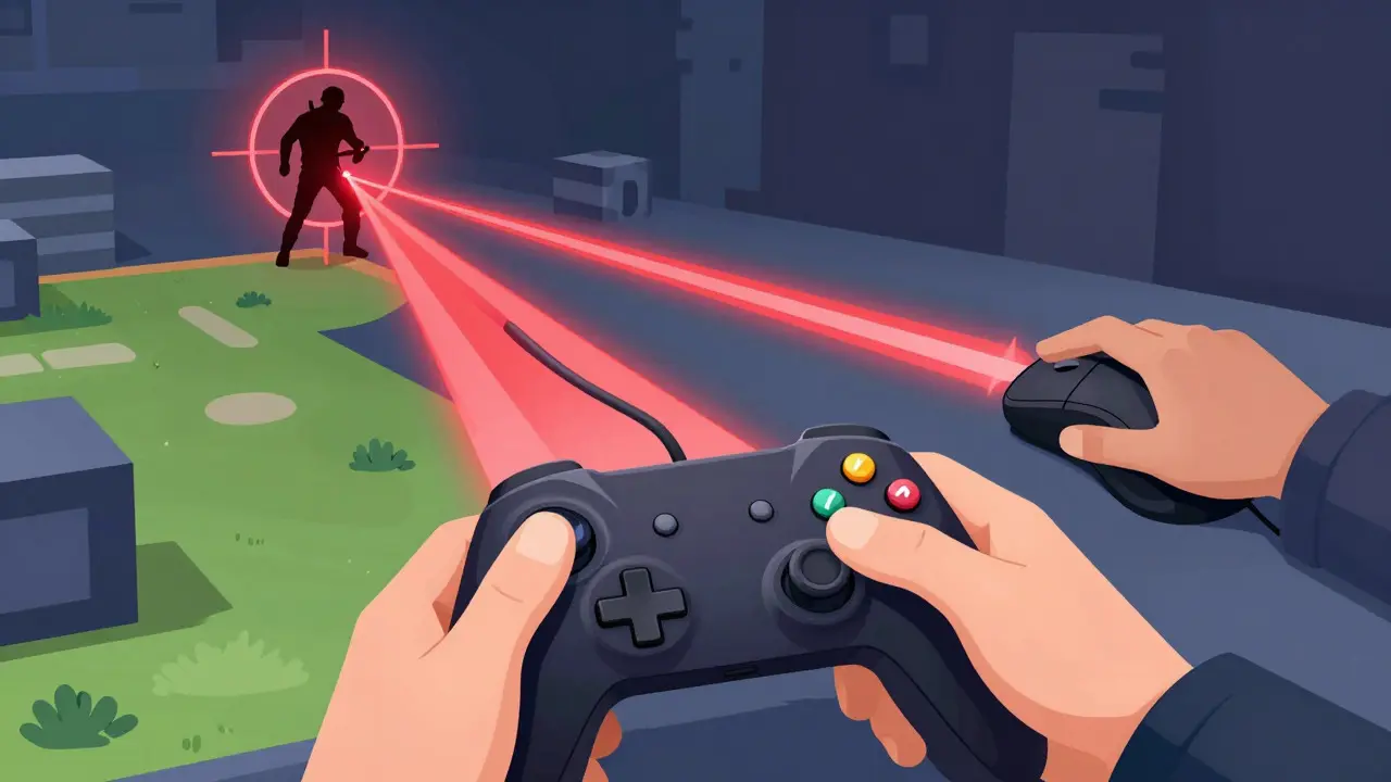 Иллюстрация механики aim assist на контроллере против стрельбы с мыши