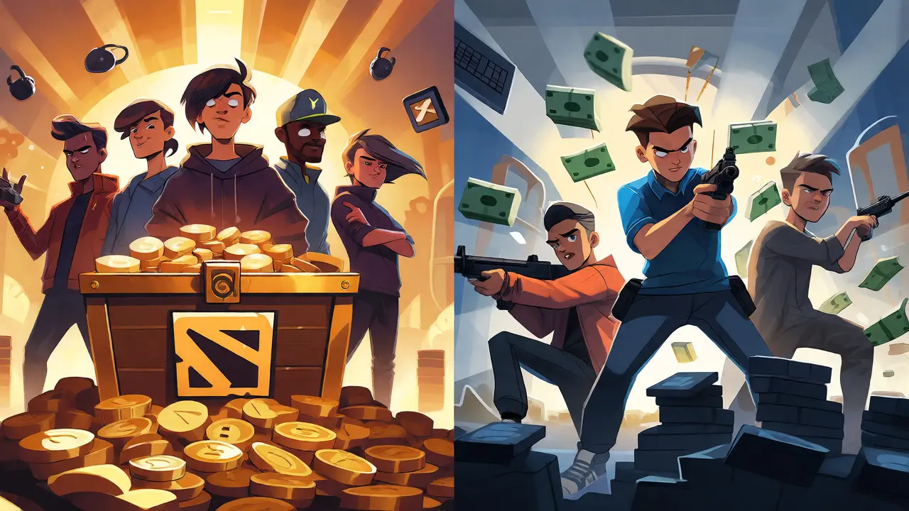 Сравнение призовых фондов Dota 2 и Counter-Strike в карикатурном стиле